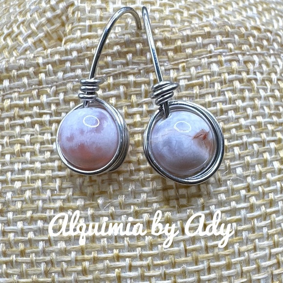 Alquimia Silver Earrings with Pink Stones and Round Design flower agate - Picture 1 of 1